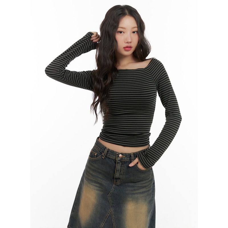 Stripe Square Neck Long Sleeve CG423 Dark gray S/M