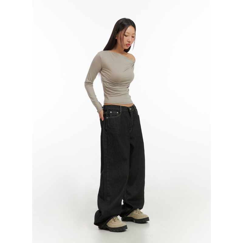 Clover Stitched Baggy Jeans IS402 Black S