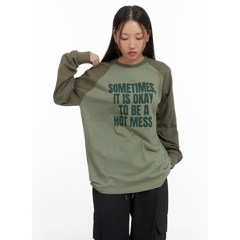 Cotton Lettering Raglan Long Sleeve Tee CS404 Dark green S/M