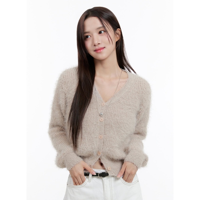 Fuzzy V-Neck Cardigan OG429 Beige S/M