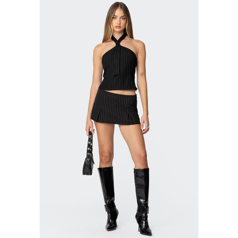 Karine Pinstripe Pleated Mini Skort BLACK XS