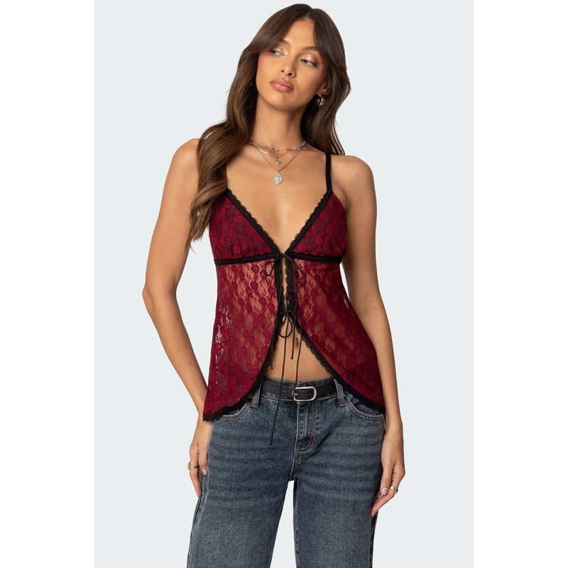 Maude Tie Front Sheer Lace Top BURGUNDY XS