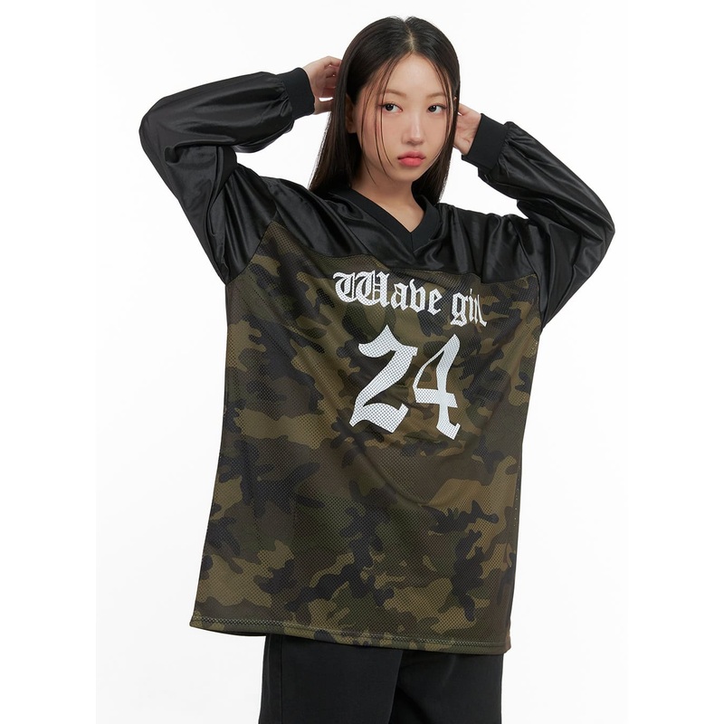 Oversized Camo Print Jersey Long Sleeve CS404 Green M/L