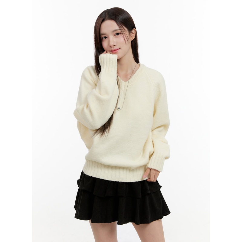 Oversized V-Neck Sweater OG429 Light beige M/L