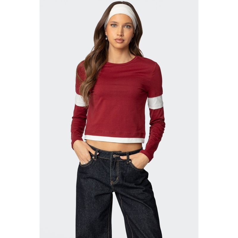 Paula Layered Long Sleeve T Shirt BURGUNDY XS
