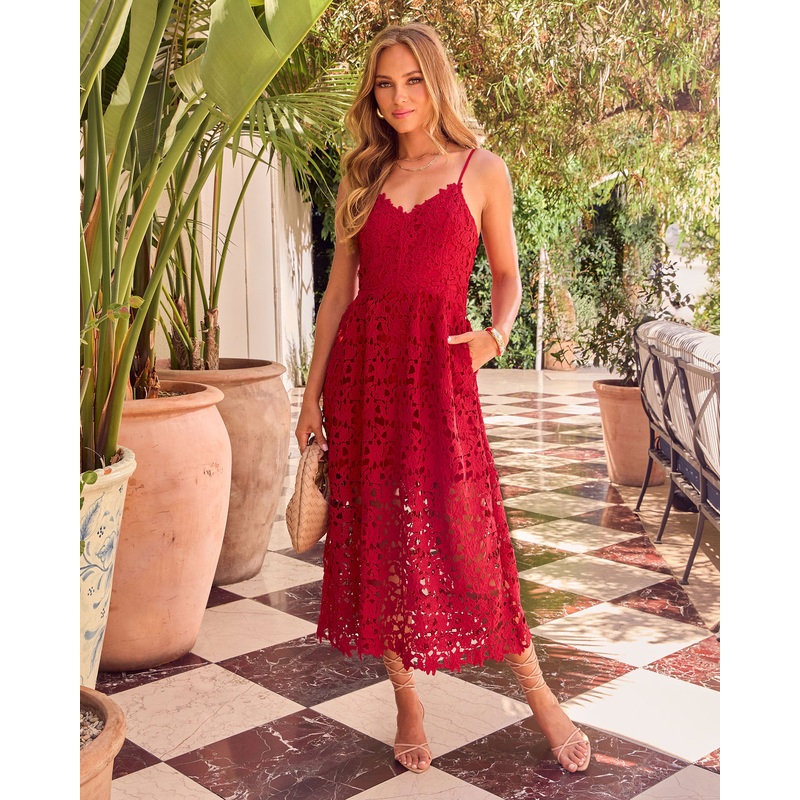 Picturesque Lace Midi Dress Scarlet XS