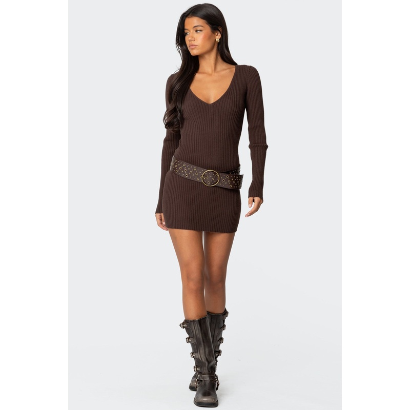 Ribbed Knit V Neck Mini Dress BROWN XS