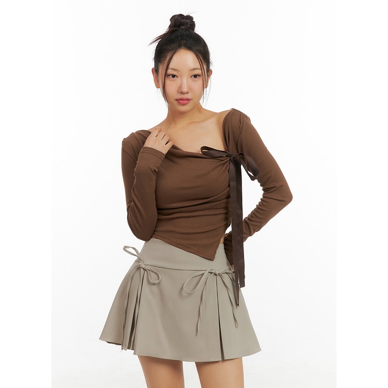 Ribbon Asymmetrical Slit Top IS402 Brown S/M