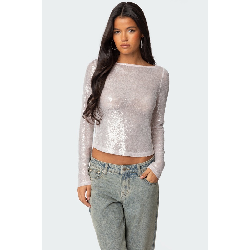 Sheer Sequin Boat Neck Top CREAM XS