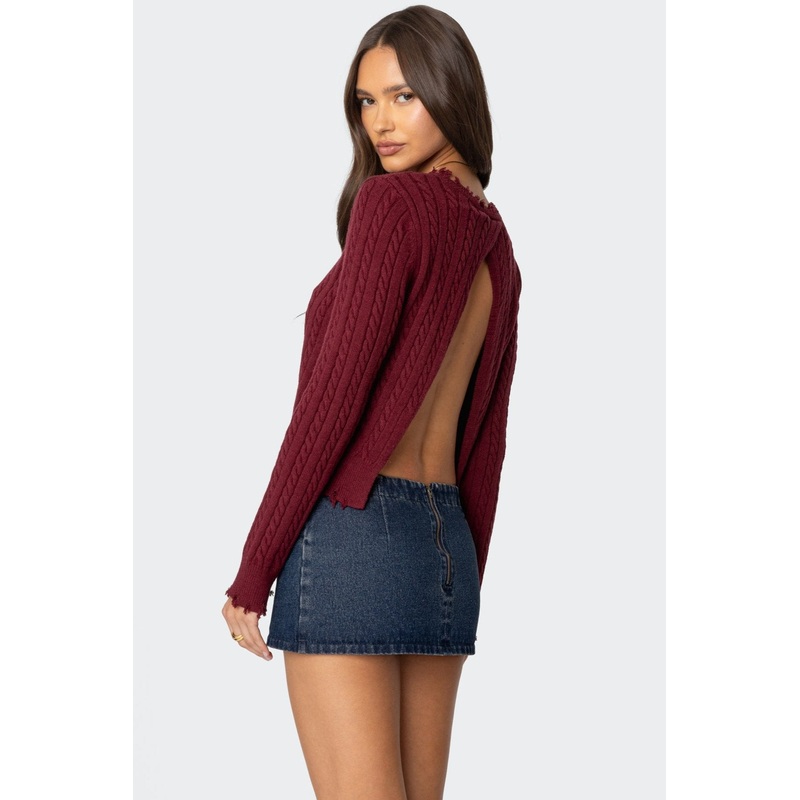 Split Open Back Cable Knit Sweater BURGUNDY XS