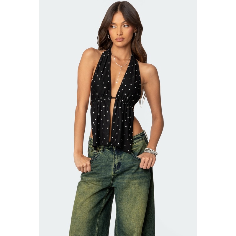 Studded Open Back Halter Top BLACK XS