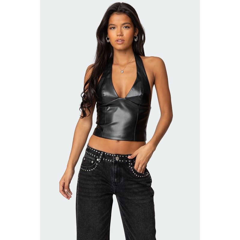Tana Faux Leather Halter Top BLACK XS