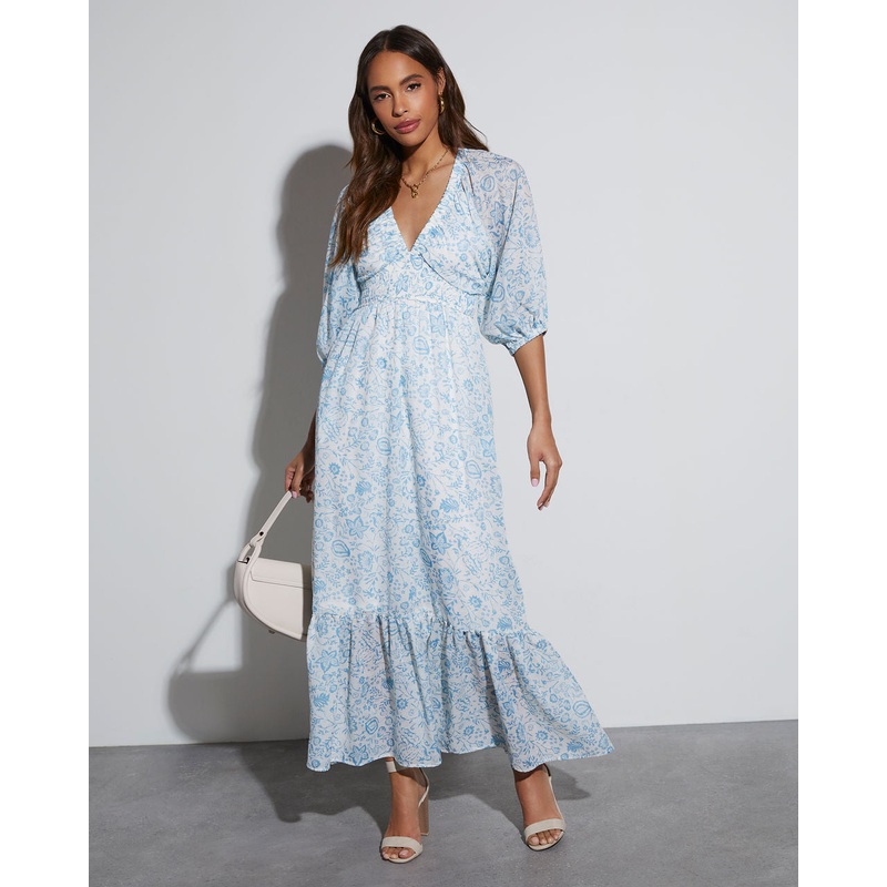 Bailey Long Sleeve Floral Maxi Dress Ivory/Blue S