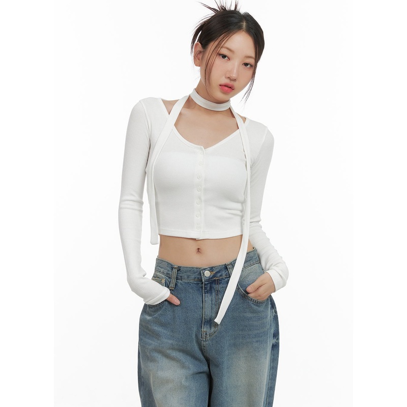 Buttoned Long Sleeve Cardigan Thin Scarf Set CS405 Light beige S/M