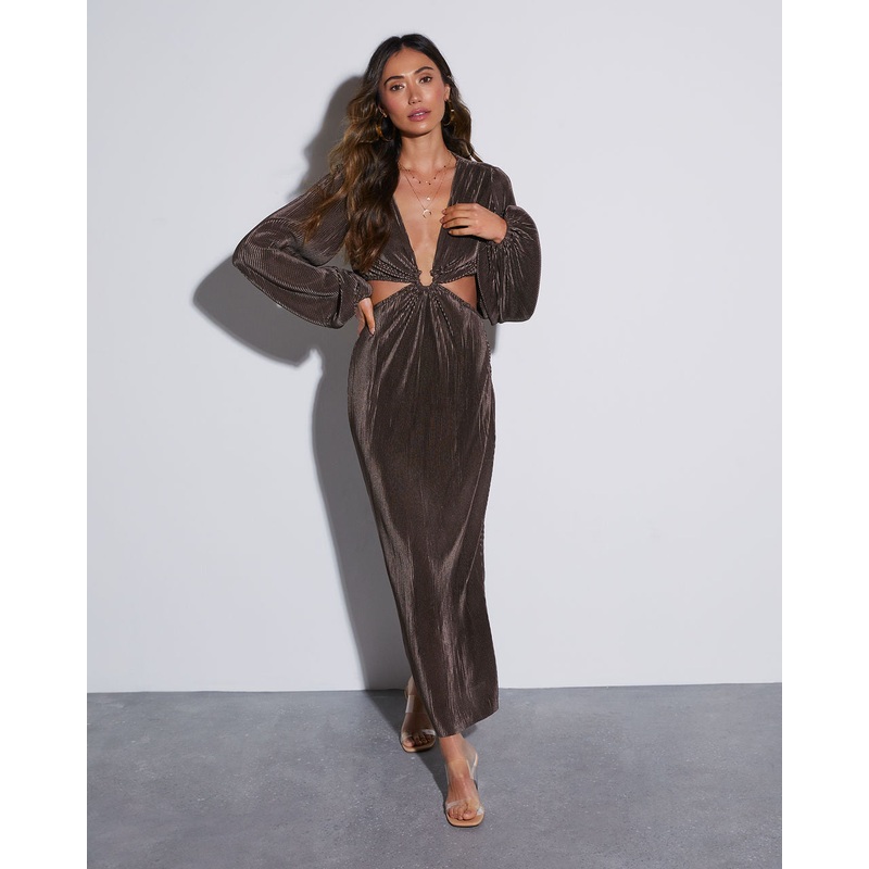 Diane Pleated Cutout Side Slit Maxi Dress Mocha S