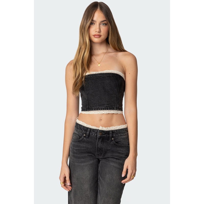 Karlie Lace Trim Denim Tube Top BLACK WASHED XS