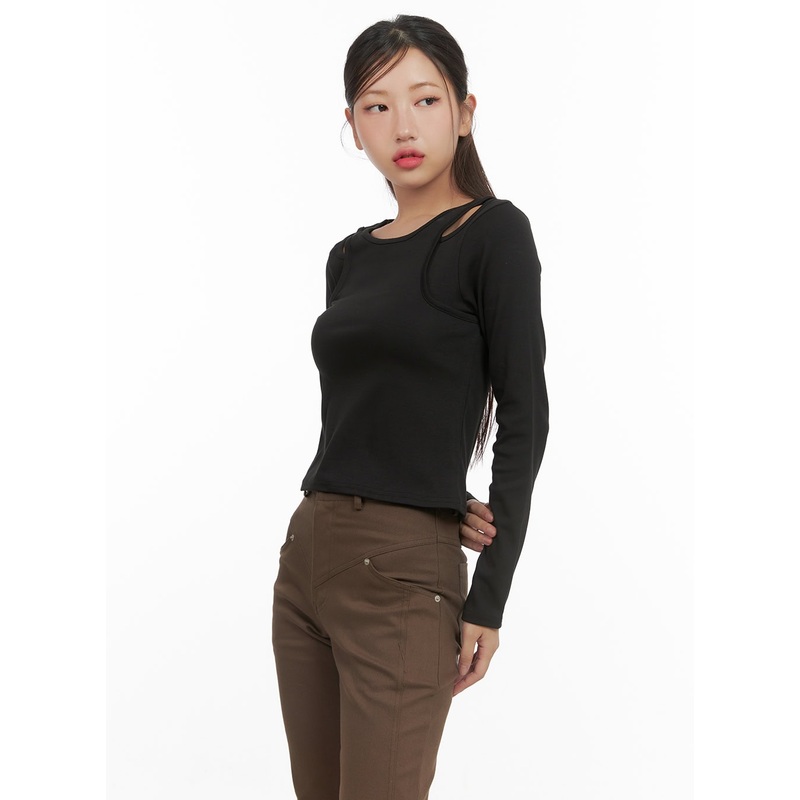 Layered Cutout Long Sleeve Top CS405 Black S/M
