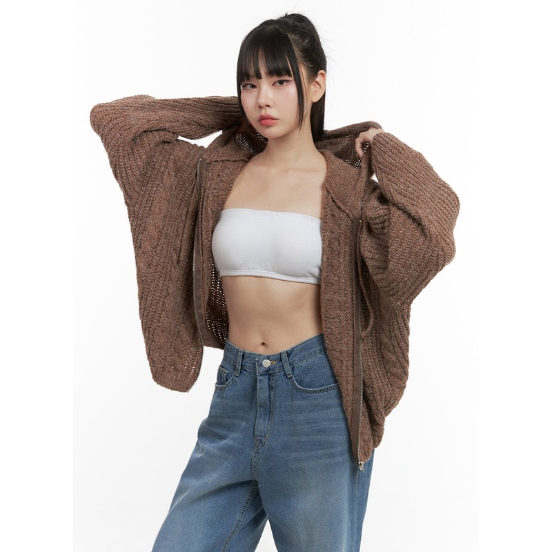 Oversized Cable Knit Hooded Sweater OS410 Brown M/L