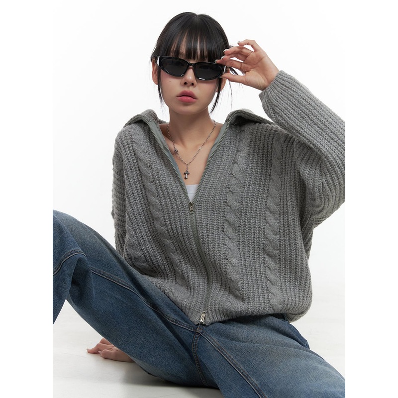 Oversized Cable Knit Zip-Up Sweater OS410 Gray S/M
