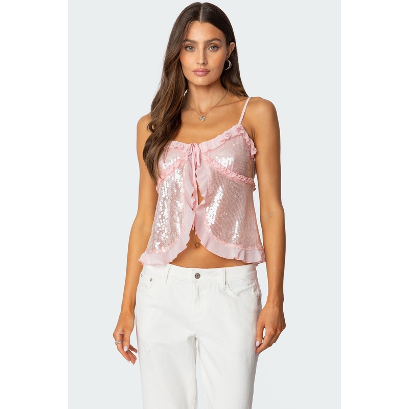 Sequin Ruffled Split Front Top LIGHT PINK XS