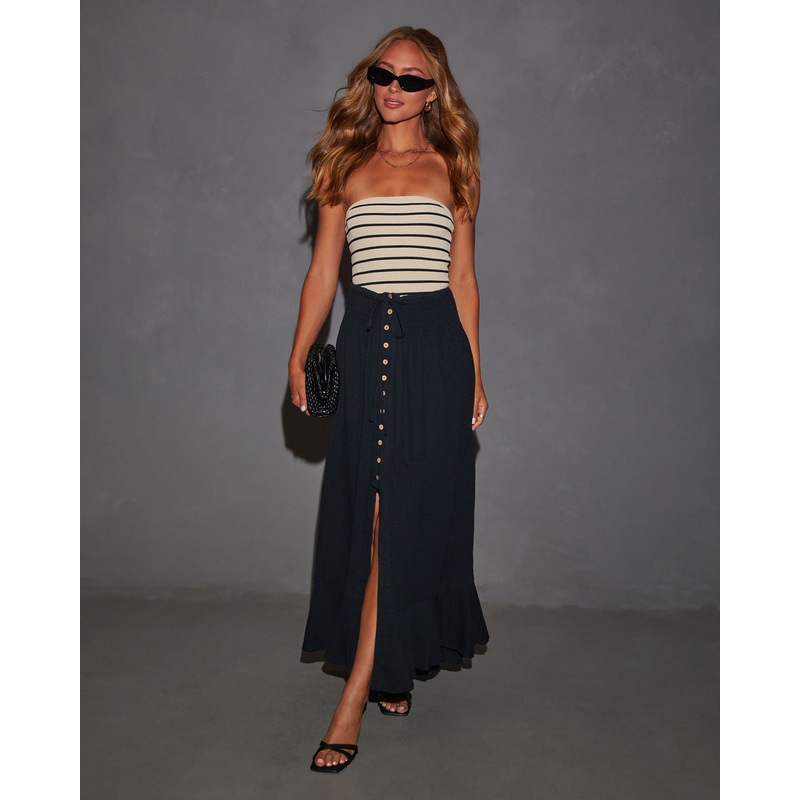 Serves Up Tie Waist Button Down Maxi Skirt Black S