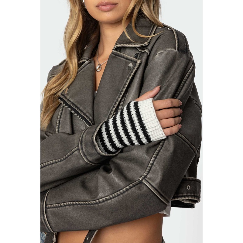 Striped Knitted Fingerless Gloves BLACK AND WHITE OS