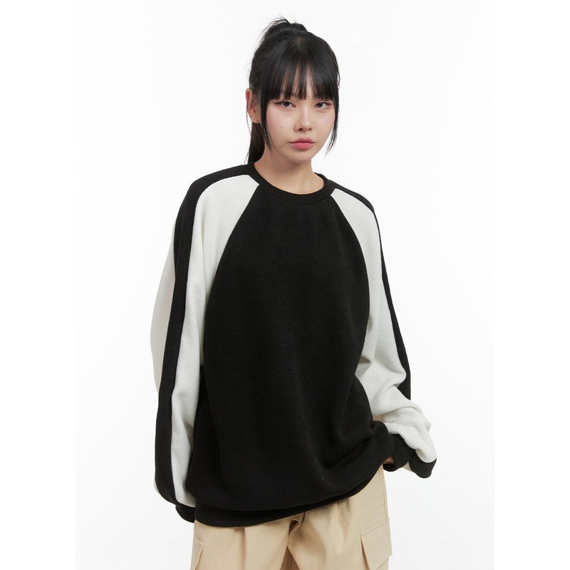 Striped Sleeve Oversized Knit OS409 Black M/L