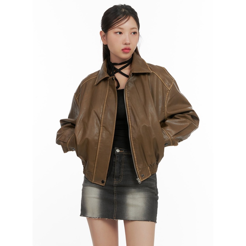 Zip-Up Faux Leather Crop Jacket CS405 Brown S/M