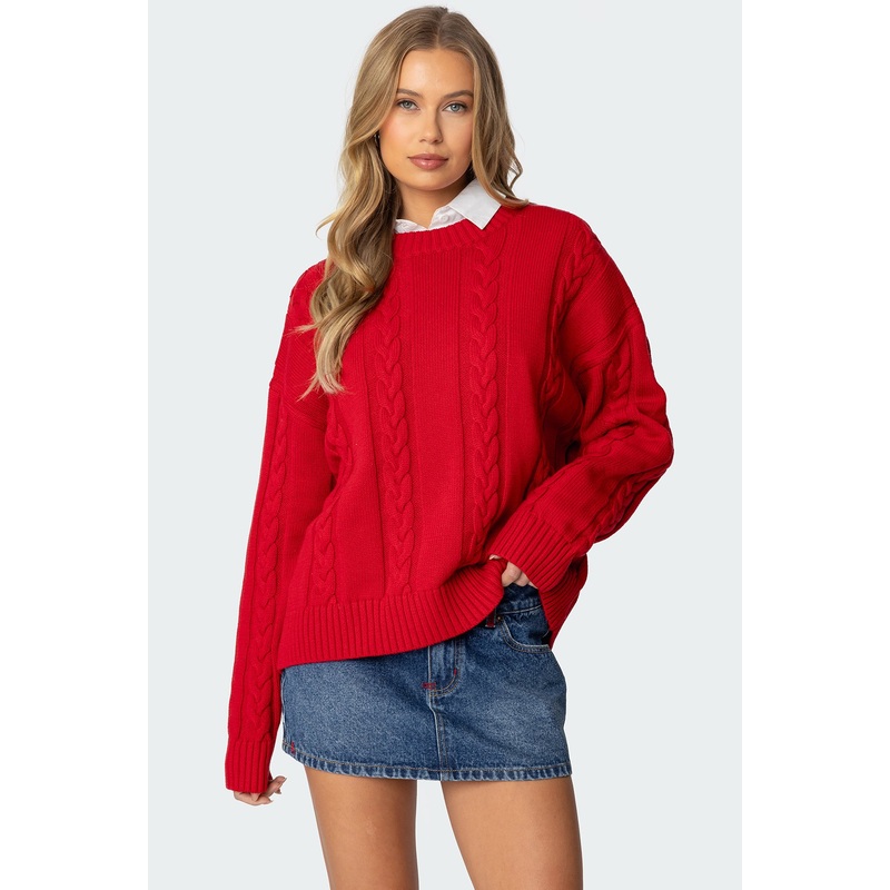 Acacia Oversized Cable Knit Sweater RED XS