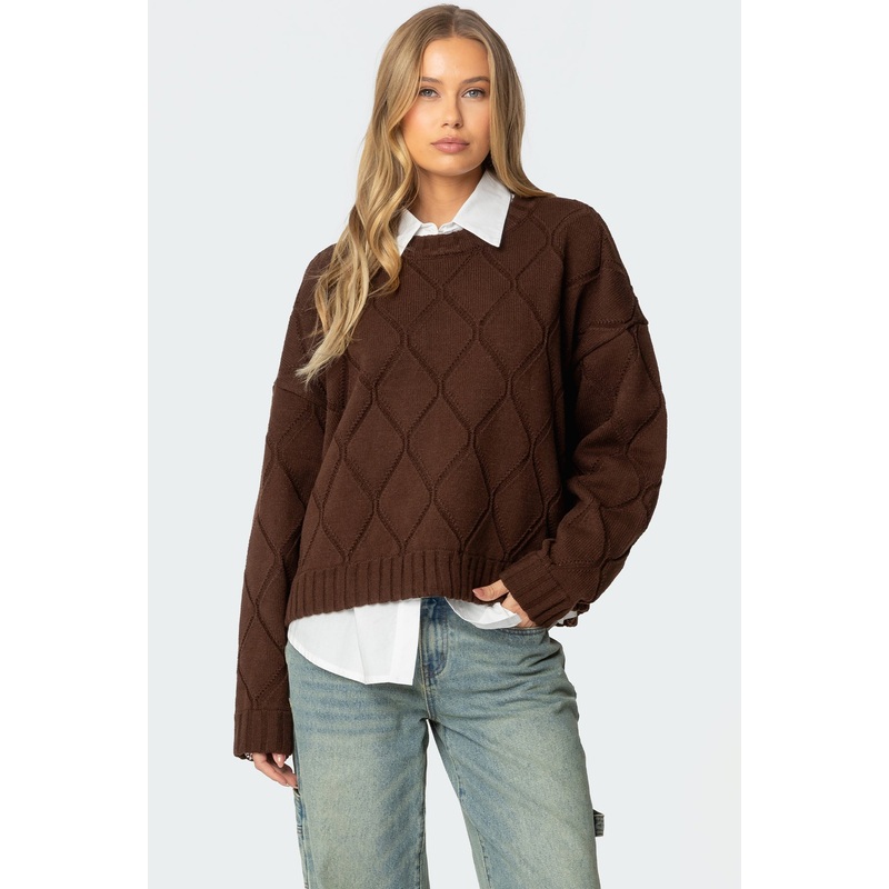 Cass Oversized Textured Knit Sweater BROWN XS