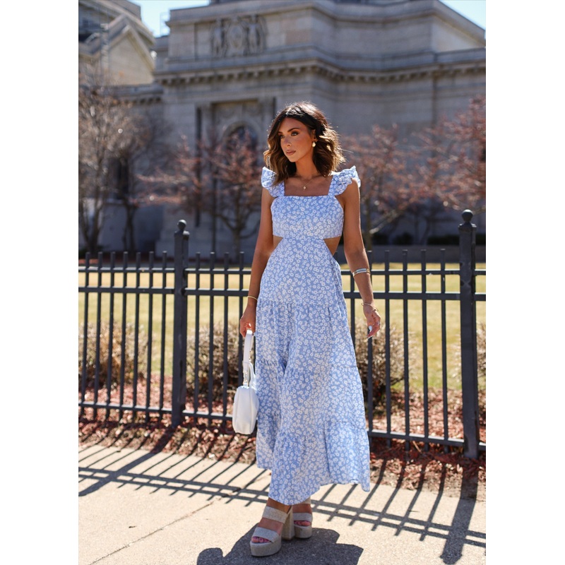 Cordelia Tiered Cut Out Back Floral Maxi Dress Blue/Ivory XS