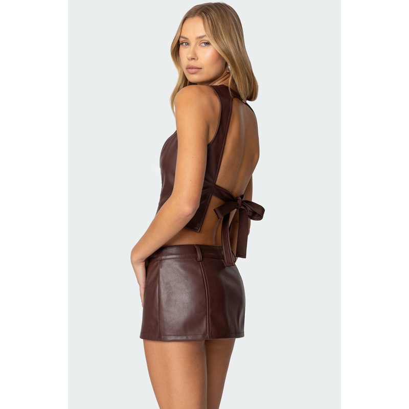 Frances Backless Faux Leather Top BROWN XS