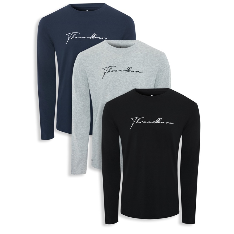 Large Script Long Sleeve Crew Neck T-Shirts (3 Pack) Black / Grey Marl / Navy S