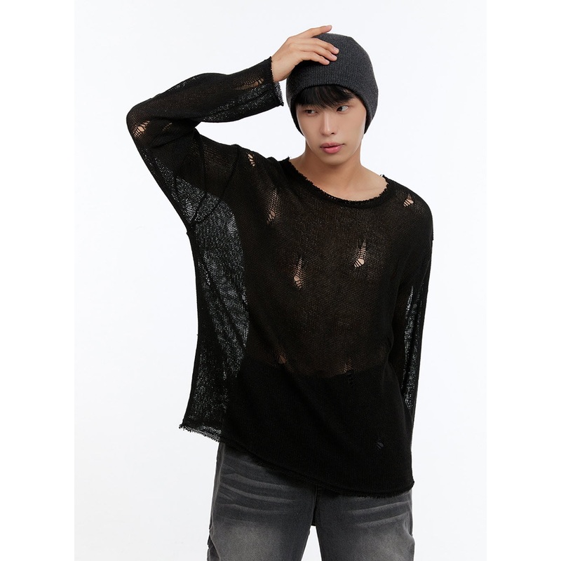 Men’s Sheer Distressed Knit Top IS412 Black M/L