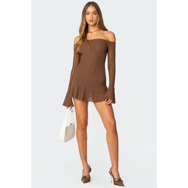 Mya Off Shoulder Textured Mini Dress BROWN XS