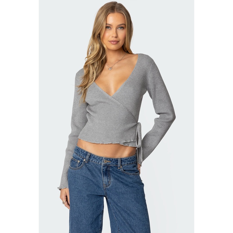 Paden Ribbed Knit Wrap Top GRAY MELANGE XS