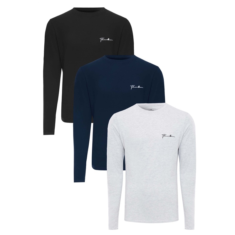 Small Script Long Sleeve Crew Neck T-Shirts (3 Pack) Black / Grey Marl / Navy S