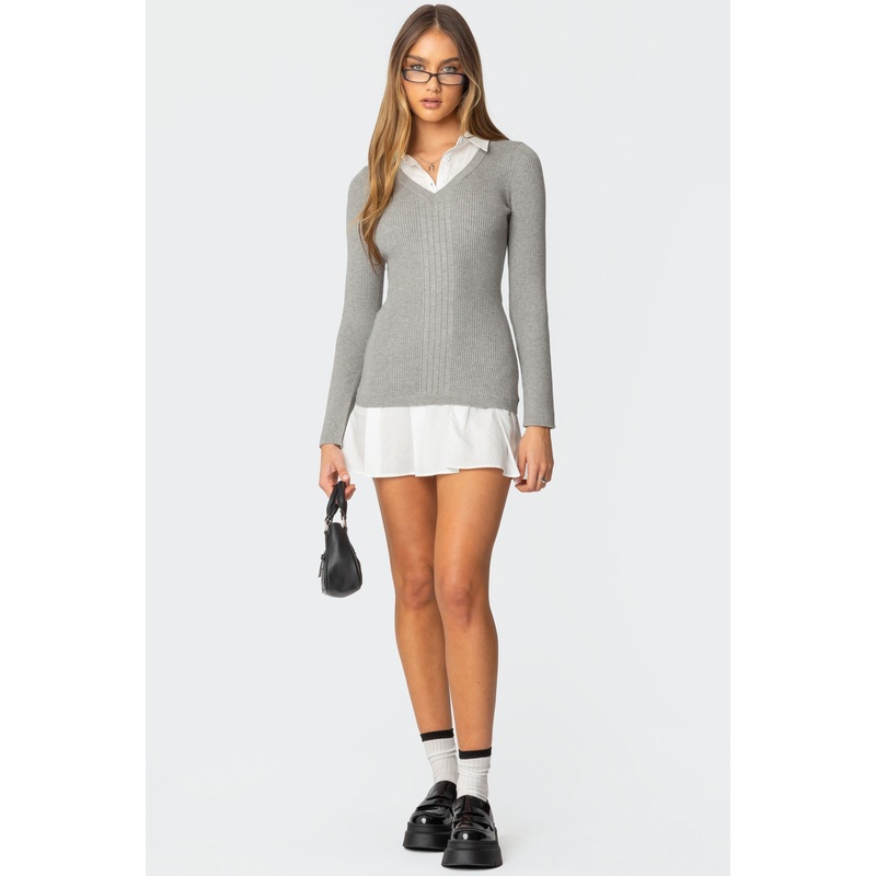 Two In One Collared Sweater Dress GRAY XS