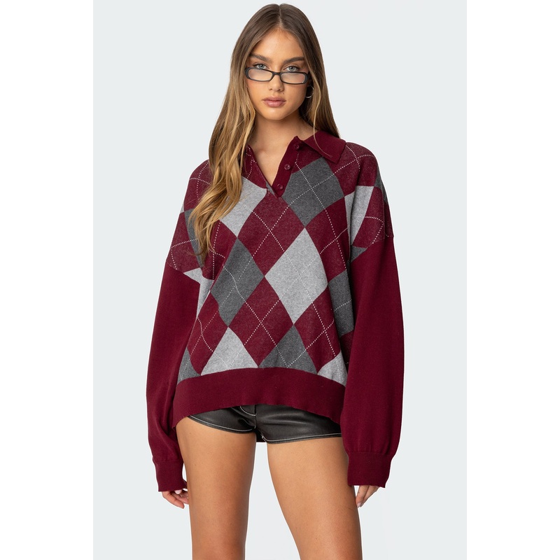 Argyle Oversized Polo Sweater BURGUNDY XS