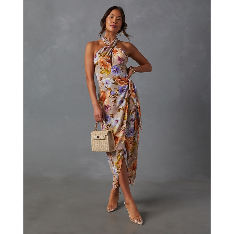 Floral Beauty Twist Front Halter Midi Dress Beige/Multi XS