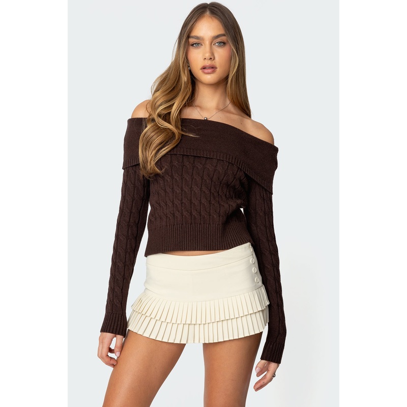 Glenn Fold Over Cable Knit Sweater BROWN XS