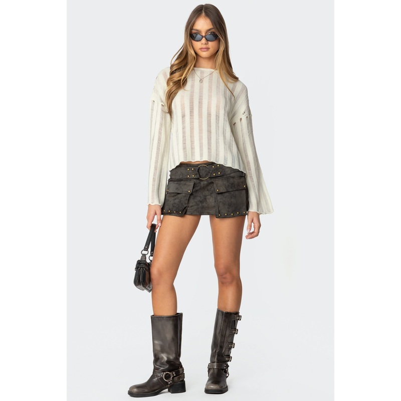 Marge Studded Faux Leather Mini Skort DARK BROWN XS