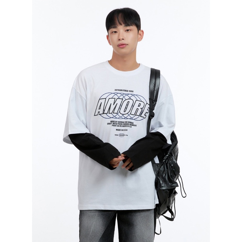 Men’s Oversize Cotton Graphic Layered T-Shirt IS413 White M/L
