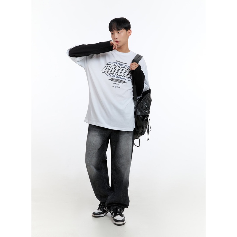 Men’s Washed Black Denim Wide Jeans IS413 Black S