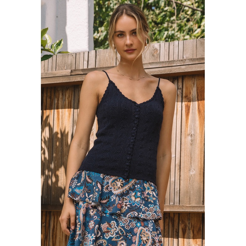 Pointelle Knit Scallop Detail Tank Top – Navy X-Small