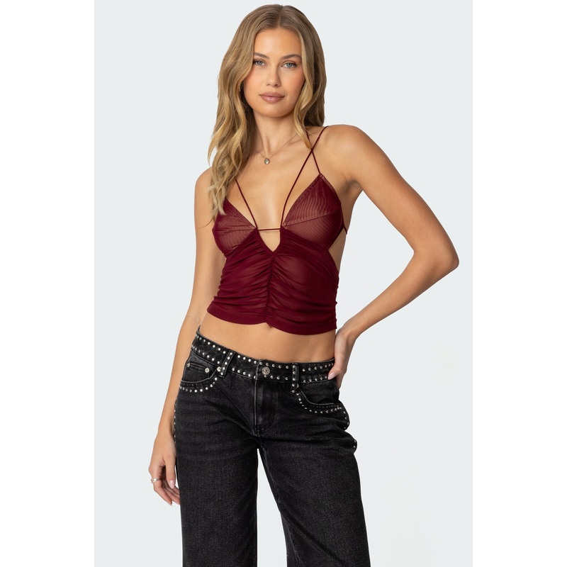 Strappy Ruched Mesh Top BURGUNDY XS