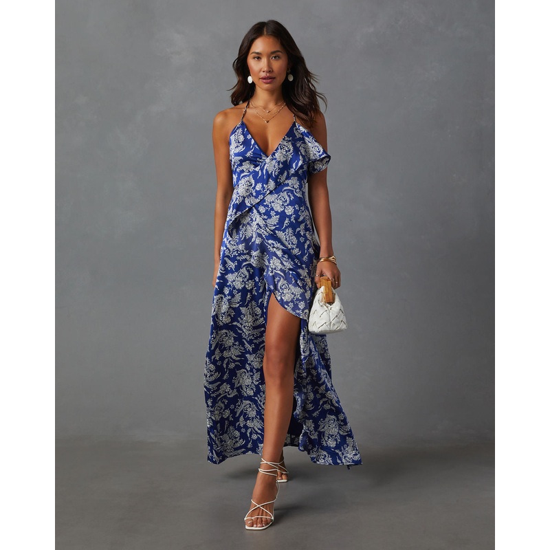 Zelda Printed Ruffle High Low Dress Royal/Floral S