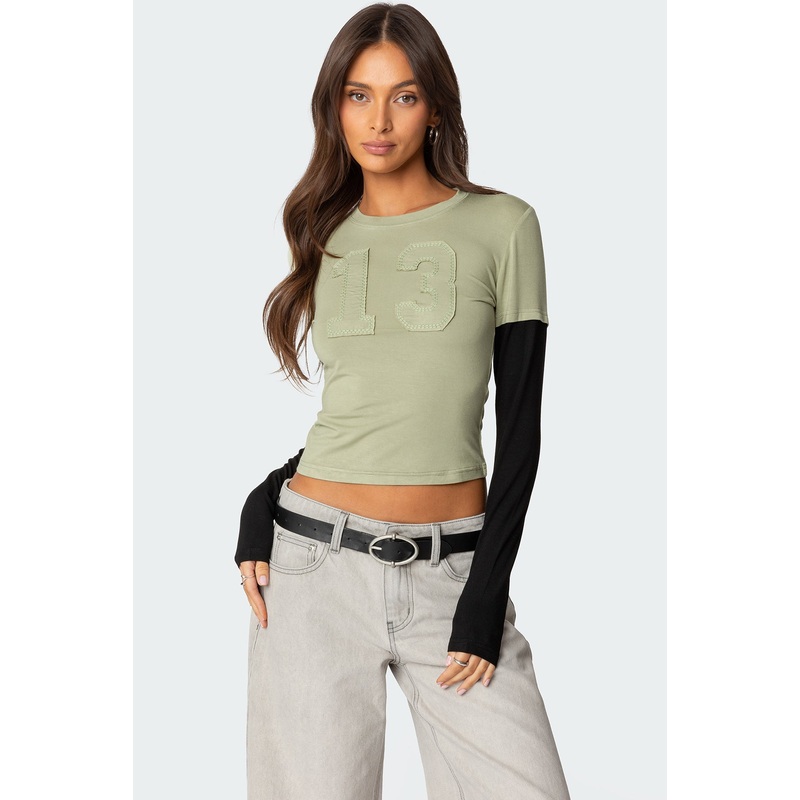 13 Layered Long Sleeve T Shirt OLIVE XS