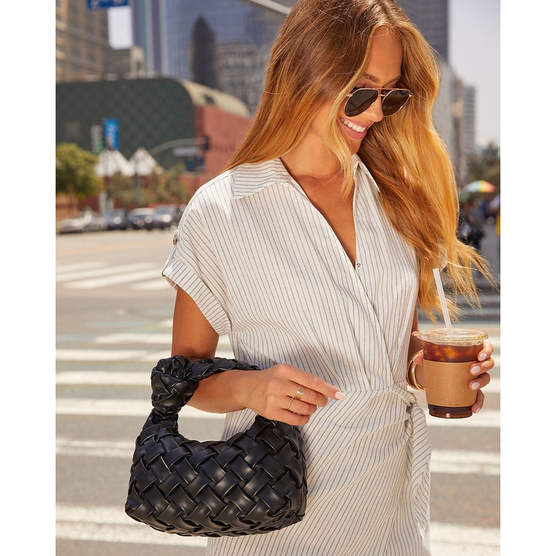 Ana Faux Leather Woven Knotted Top Handle Bag Black O/S