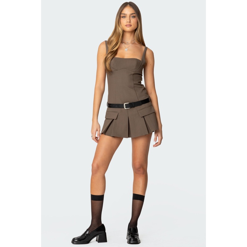 Callie Drop Waist Pleated Mini Dress BROWN XS